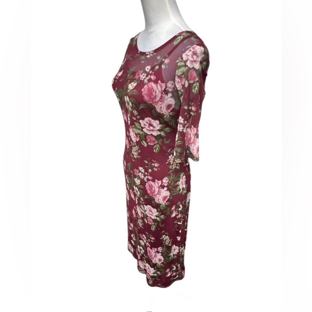 Rags to Wishes Women’s Plum Floral Print Short Sleeve Dress w/ Sheer Overlay - Picture 2 of 7